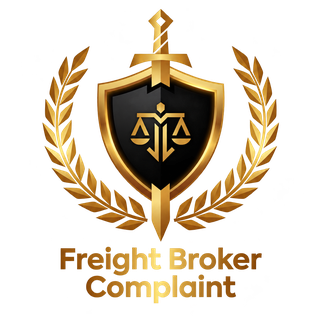 Freight Broker Complaint Freight Broker Complaint logo: gold sword behind a black shield with scales of justice, inside a gold laurel