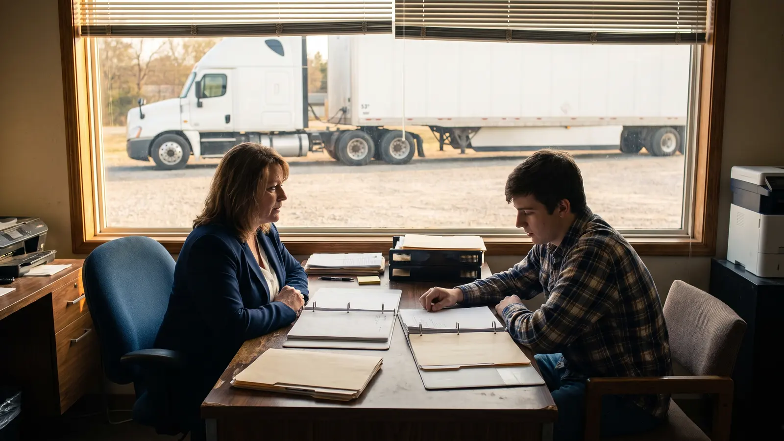 Preparing for the new entrant safety audit Compliance consultant and a new trucking company owner reviewing driver and maintenance records before a safety audit