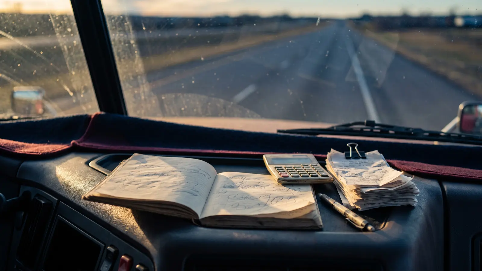 How to figure your trucking cost per mile Notebook with cost-per-mile math, calculator and fuel receipts on a semi truck dashboard