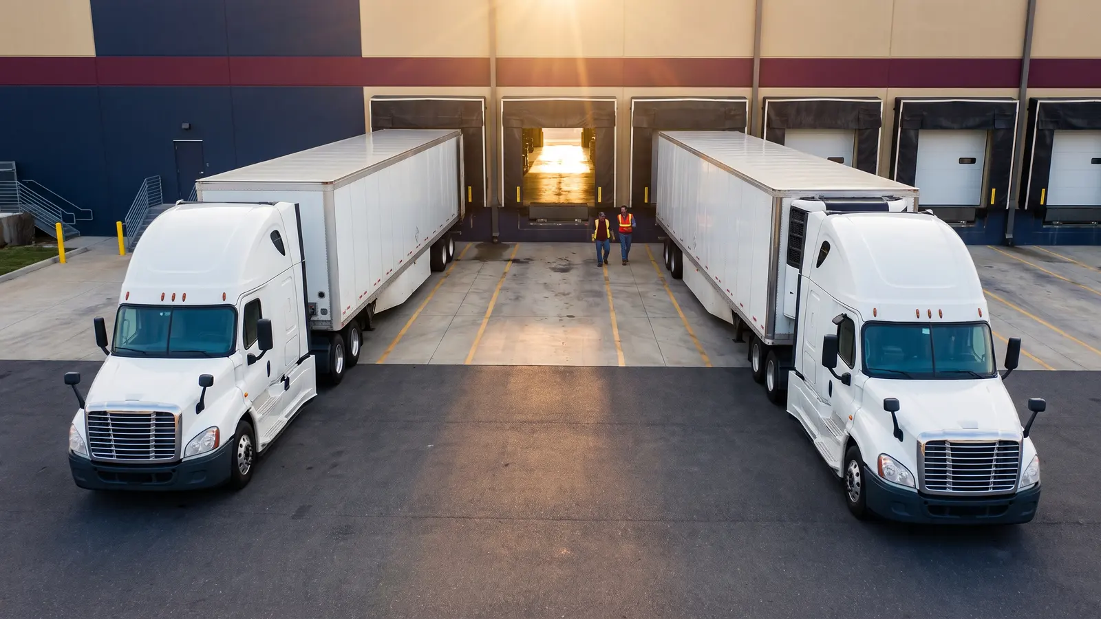 Dry van vs. reefer A 53-foot dry van trailer and a 53-foot reefer trailer parked side by side at a distribution center