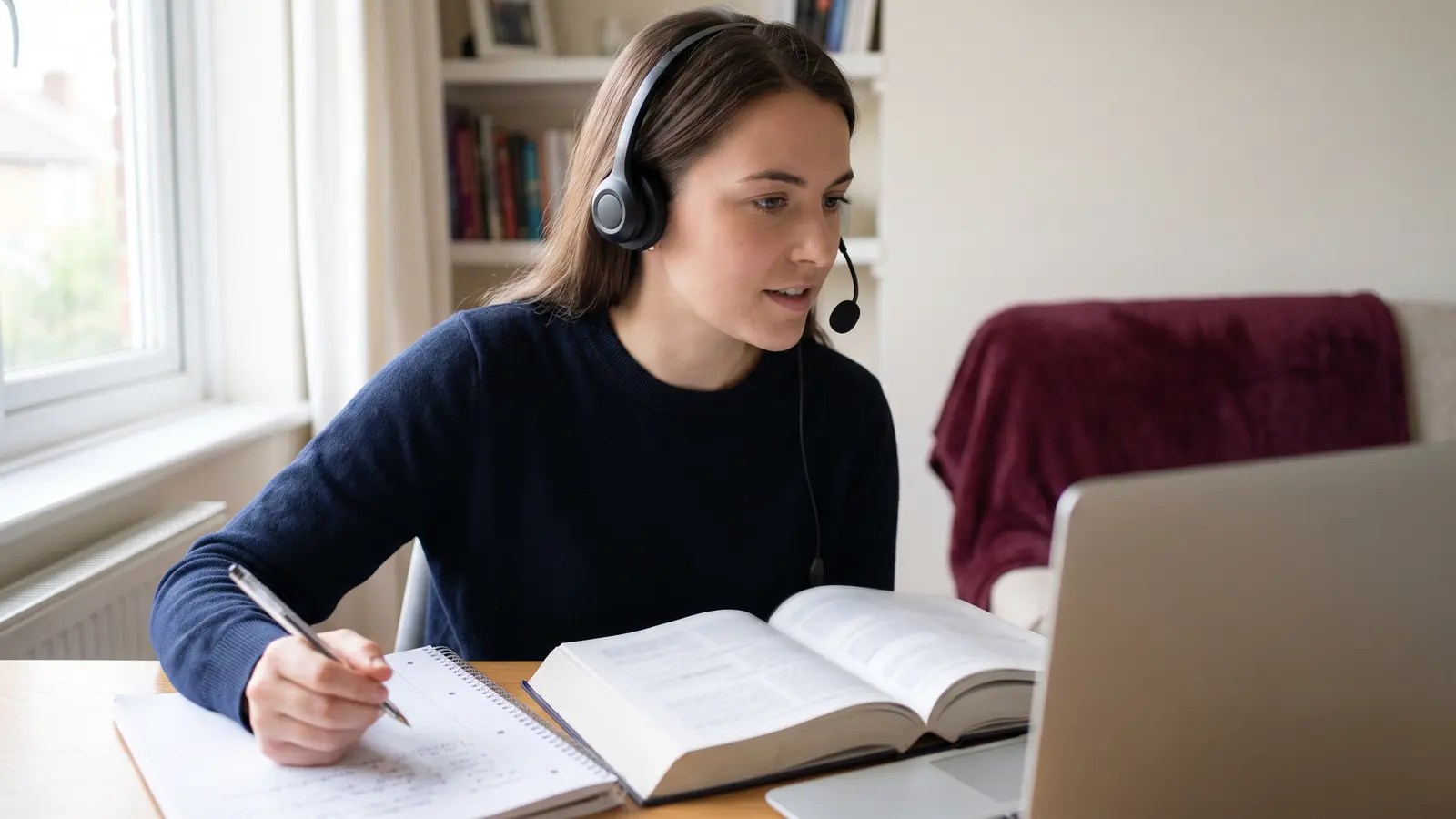 Becoming a certified freight agent Freight agent student on a headset taking notes during a live online class at home