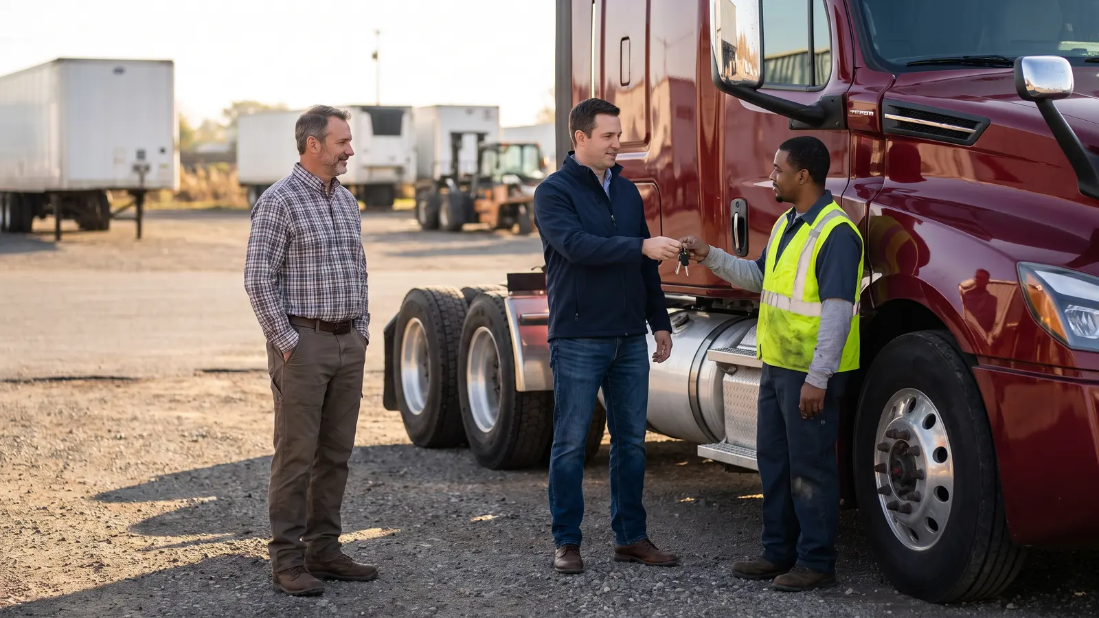 How managed truck ownership works Fleet manager handing truck keys to a driver as the truck owner looks on