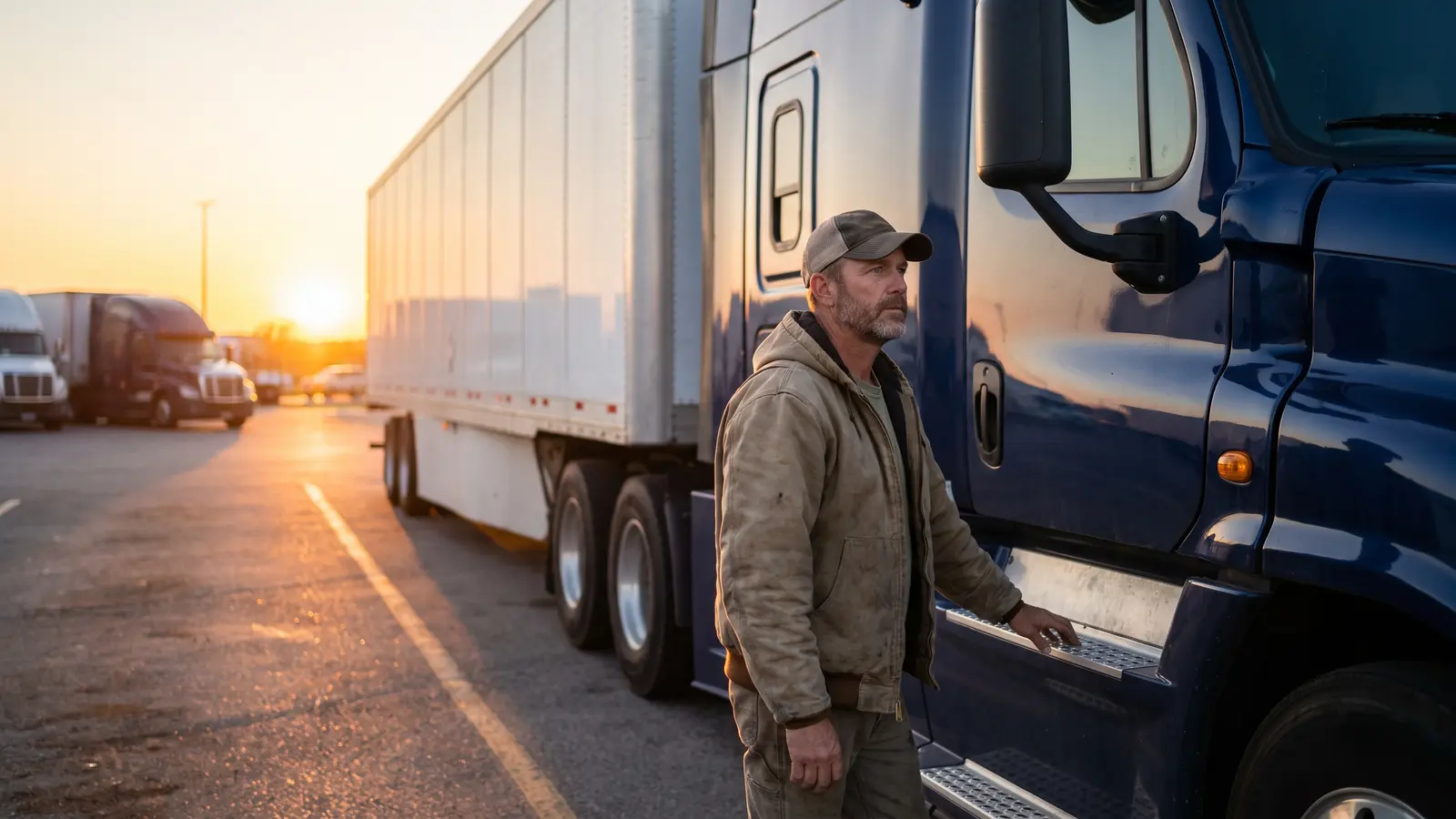 Small trucking company owner with his 53-foot dry van Owner-operator standing beside his semi tractor and 53-foot dry van at a truck stop at sunset