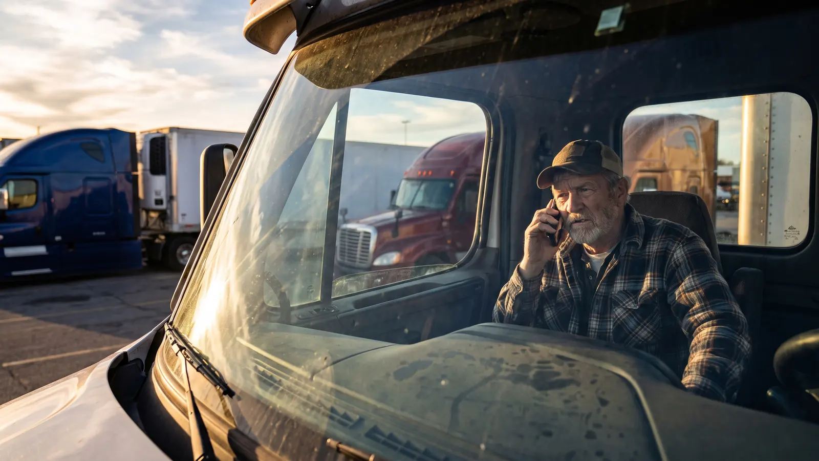 Freight dispatchers: risks for carriers Owner-operator in his truck cab on a call, weighing a load offer
