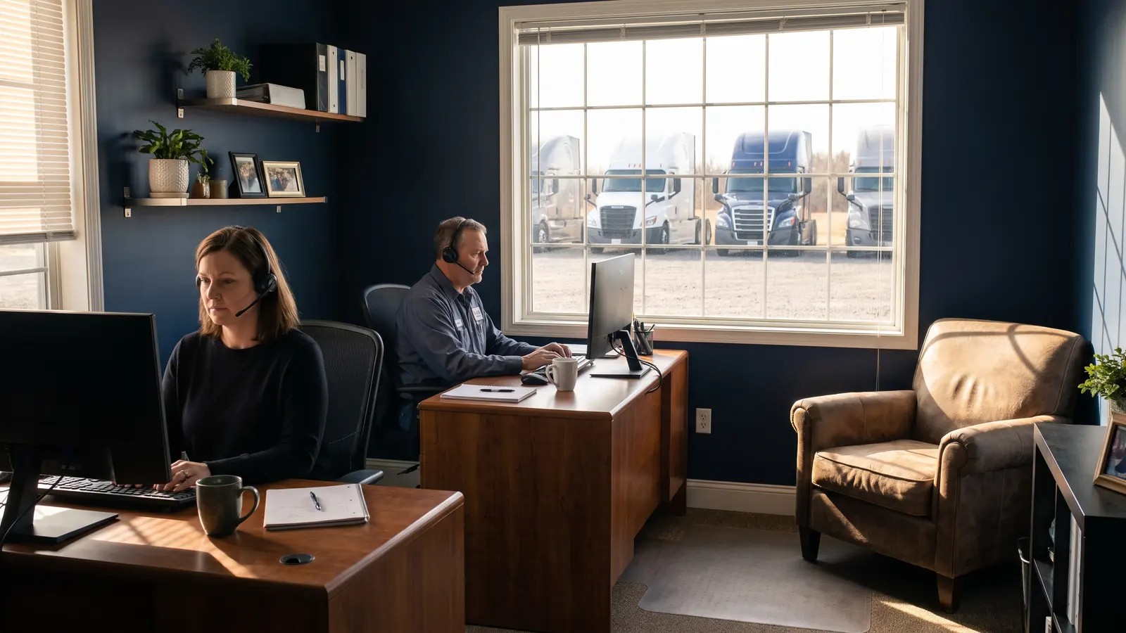 Trucking company management for small fleets Back-office staff managing a small trucking fleet from an office overlooking the truck yard