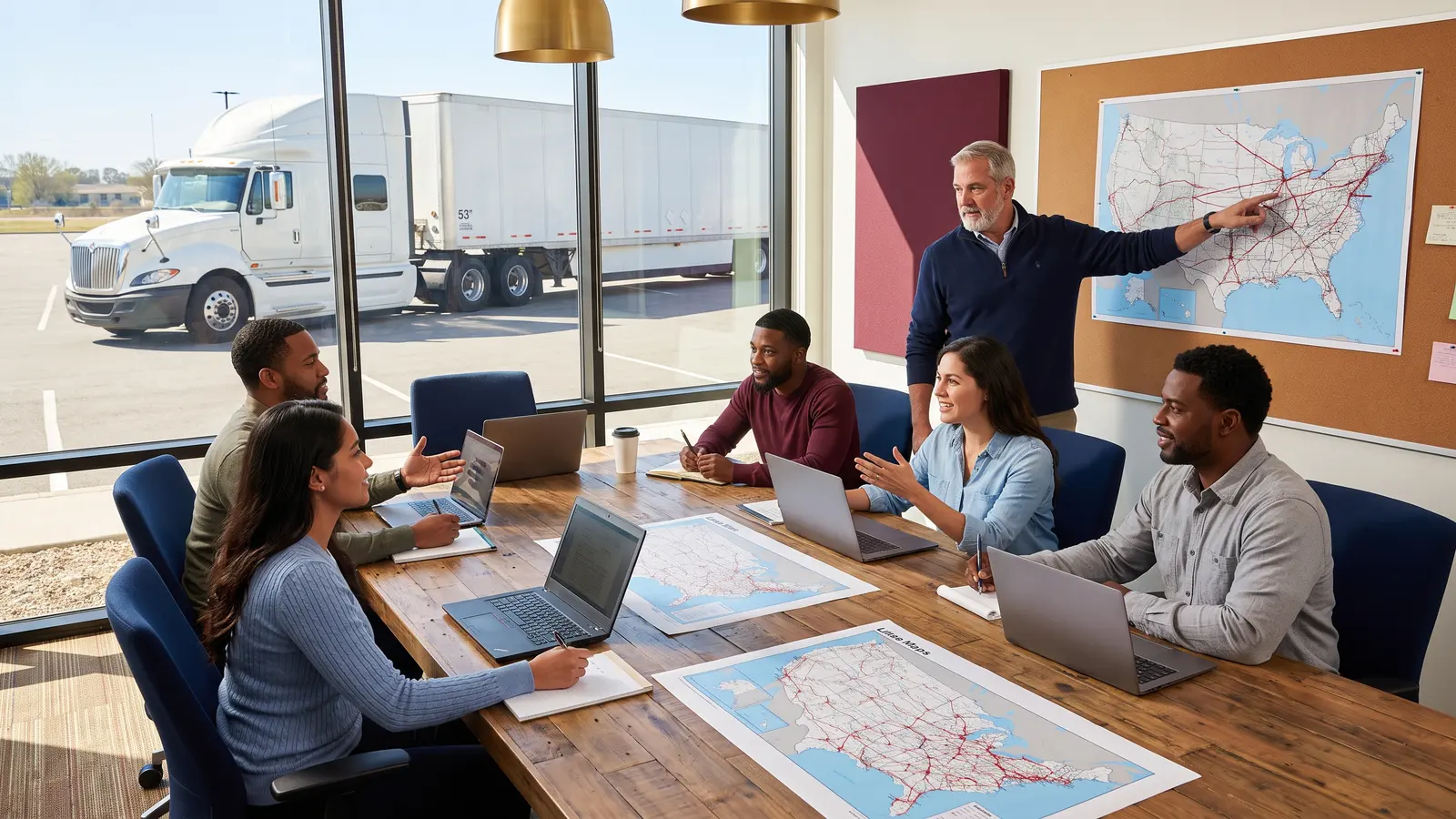 Backed by education: Freight University students doing freight research Logistics students and a mentor researching freight together for a new trucking company
