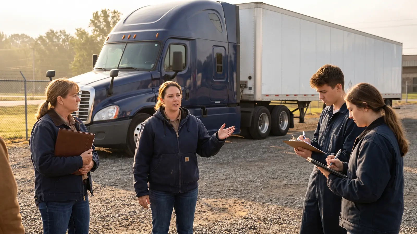 Development team meeting with a trucking company owner New trucking company owner going over her plan with a mentor and two logistics students beside her truck